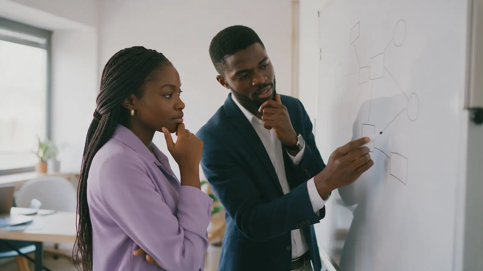 Two people sketching a network diagram on a whiteboard